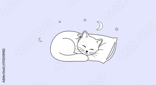 Illustrative vector of sleeping cat on pillow with stars and moon design