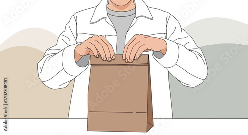 Man Unfolding Paper Bag, Preparing To Reveal Contents Or Deliver An Item.