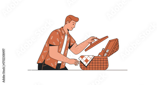Man Unpacks Picnic Basket Preparing For Leisure Outdoorsy Culinary Engagement