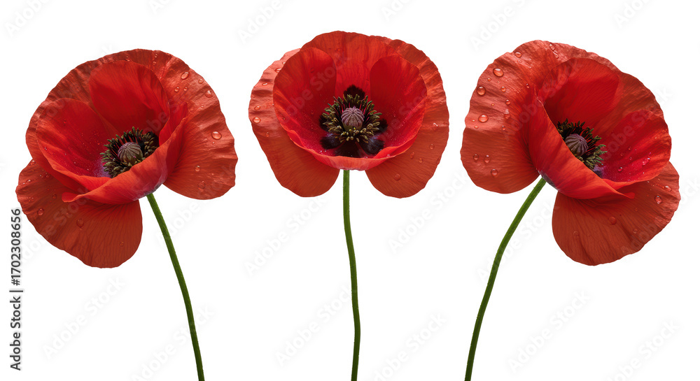 Obraz premium Three vibrant red poppies with pristine crimson petals, velvety black centers, green seed pods, and clear water droplets, on a transparent background with high-key studio light, concept of pristine