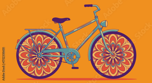 A colorful bicycle with decorative wheels in a psychedelic style on a bright orange background 