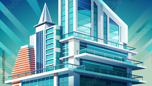 Fragment of a cutting-edge residential skyscraper, with minimalist white cladding, spacious balconies, and shimmering glass, reflecting the skyline’s grandeur and offering luxurious city living.