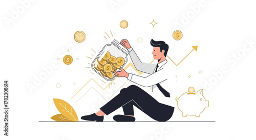 Investor Holding Jar Of Coins, Saving, Financial Growth, Investment Concept Illustration