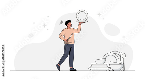 Man washing and holding a plate, performing the cleaning task at the kitchen