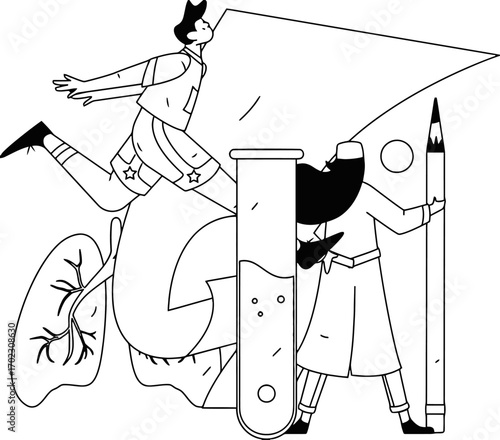 Innovative healthcare research concept showcasing a scientist conducting experiments and a person jumping for joy amidst scientific breakthroughs and medical advancements, symbolizing progress