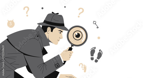 Investigator Examining Clues With Magnifying Glass, Detective Searching For Answers Illustrated