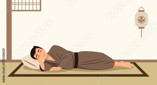 Japanese Man Resting Comfortably, Serene Moment of Leisure And Repose, Tranquil Scene.
