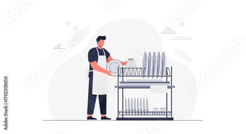Man Washing Dishes and Putting Them into a Dish Rack Abstract Illustration
