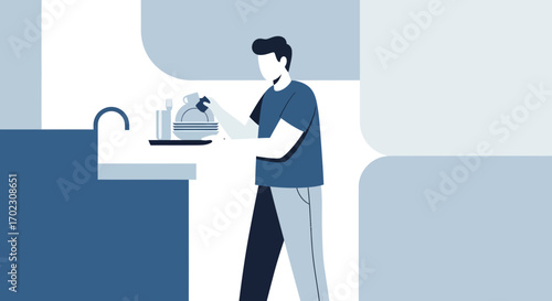 Man Washing Dishes At Home, Abstract Illustration Of Daily Housework Or Chores