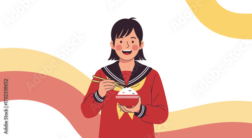 Japanese Schoolgirl Eating Rice: A Vector Illustration Depicting Happiness and Culture