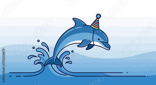 Joyful Aquatic Celebration Featuring A Festive Dolphin Celebrating Amidst Splashing Waves