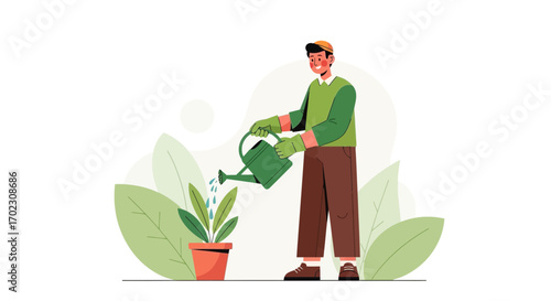 Man Watering His Plant, Cultivating Vegetation, Cultivation And Botanical Illustration