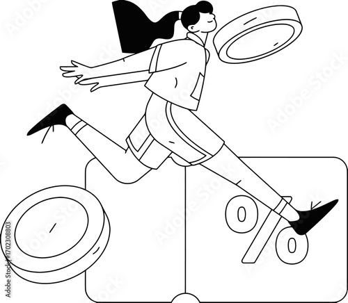 Get ready for huge savings with this exciting sales promotion, a woman jumps for joy over discounts and special offers, seize the moment for incredible deals and amazing savings!