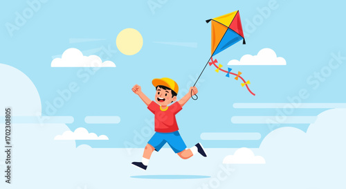 Joyful boy running and flying a kite outdoors on a sunny day in a colorful illustration