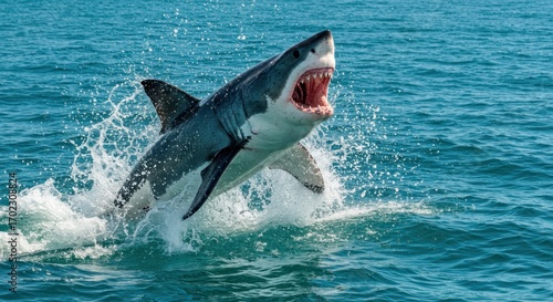 A great white shark breaching the ocean surface with its mouth open