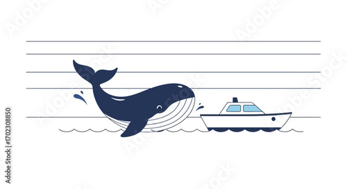 Marine Life Illustration Featuring A Playful Humpback Whale and A Small Nautical Vessel