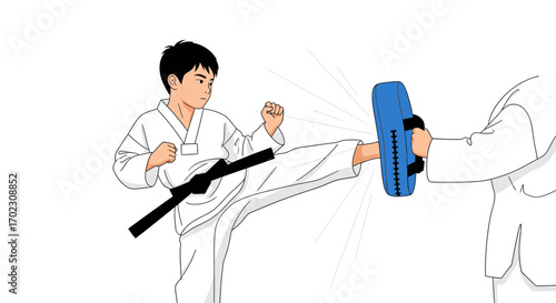 Martial arts training: A young boy practices a kick with a coach using a pad