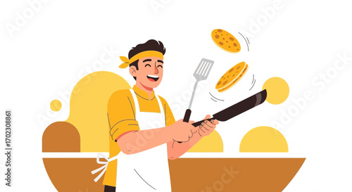 Joyful Chef Flips Pancakes in a Culinary Display of Delight and Warmth