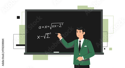 Mathematician Explains Mathematical Equations On Blackboard With Formal Attire