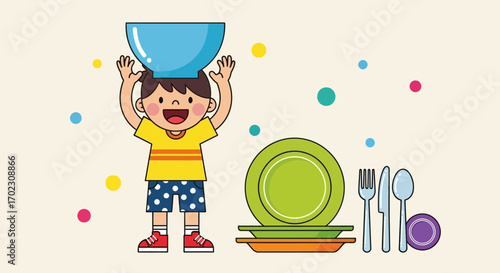 Joyful child balancing a bowl on his head with plates and cutlery illustration