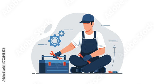 Mechanic cartoon illustration sitting with tools and a toolbox ready for work