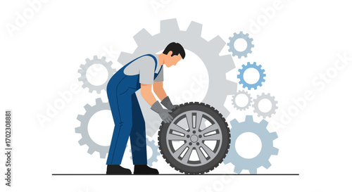 Mechanic changing a car tire with gears in the background symbolizing the process of car repair