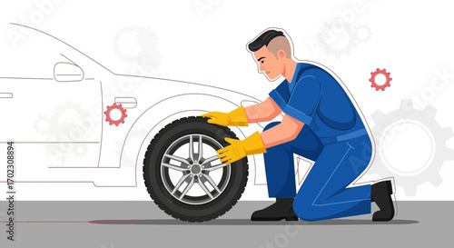 Mechanic changing tire of a car, an illustration of a repair or maintenance service