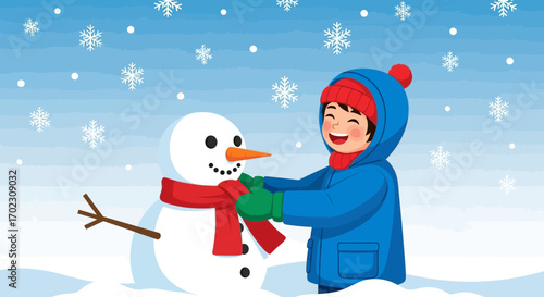 Joyful Child Decorating a Snowman In a Winter Wonderland Scene Of Snowfall