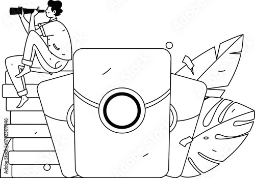 Envisioning future opportunities, a man sits atop envelopes, gazing through a spyglass with tropical leaves nearby, representing expansion, travel, and global communication in a modern style