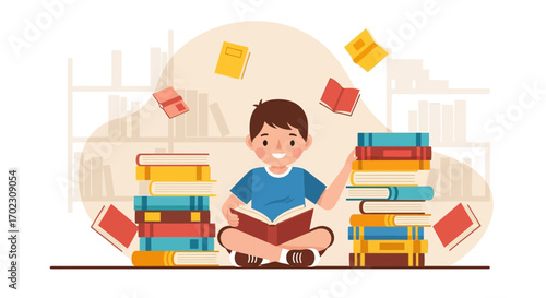 Joyful Child Engaged With Books, Representing Literary Pursuits And Knowledge