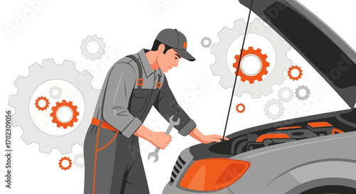 Mechanic Repairing a Car Engine in a Garage Workshop with Gear Symbols