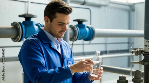 Technician collects water sample from treated water outflow pipe at wastewater treatment facility