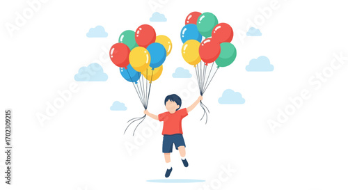 Joyful Child Holding Colorful Balloons, Celebrating Freedom and Happiness in the Sky