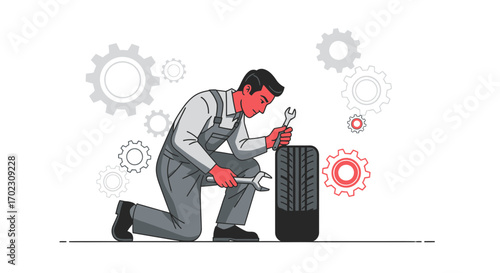 Mechanic Working on a Tire with a Wrench in a Clean, Minimalist Illustration