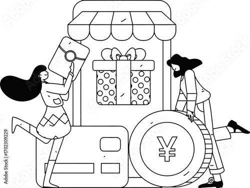 Modern outline illustration of online shopping with mobile app, gifts, credit cards, and yuan for websites and digital projects, enjoy the ease of ecommerce and secure payment methods today