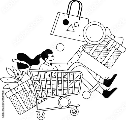 Stylish shopper enjoying retail therapy, dreaming of gifts and shopping sprees, embodying modern consumerism and the thrill of finding the perfect present in a minimalist illustration