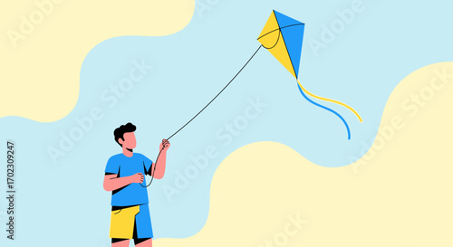 Joyful Child Playing With Kite On Sunny Day In Abstract Natural Background
