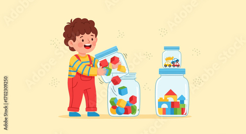 Joyful Child Organizing Toys in Jars: A Colorful Illustration of Childhood Playtime
