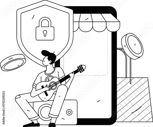 Secure online shopping with music, featuring a guitar player, shield icon, and shopping bag, perfect for e-commerce, cybersecurity, and musical themes in a modern digital world