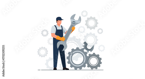 Mechanical Technician Displaying Large Wrench With Gears Illustrating Engineering Concepts