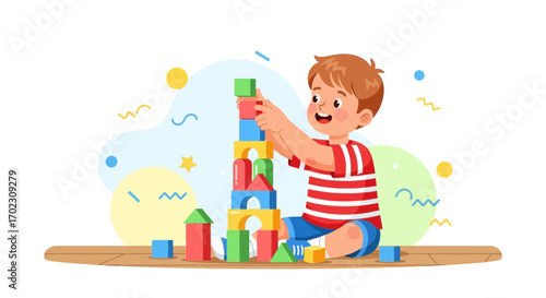 Joyful child playing with wooden toy blocks stacked in colorful tower construction