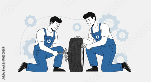 Mechanics Repairing a Vehicle's Tire and Wheel in a Simplified Illustrated Design