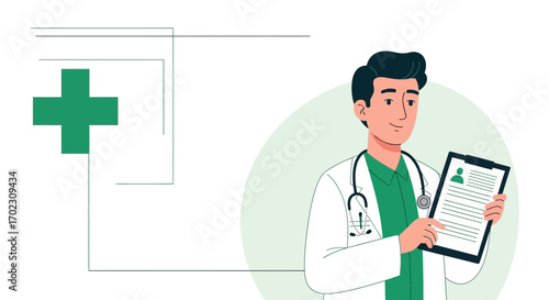 Medical professional holding medical chart with stethoscope on a light green background