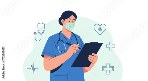 Medical Professional In Scrubs Holding Clipboard And Making Notes With Healthcare Symbols.
