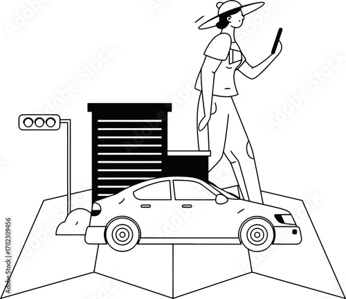 Stylish woman checks phone in city, waiting near car and traffic light, minimalist modern design conveys urban lifestyle, perfect for transportation apps and travel advertisements