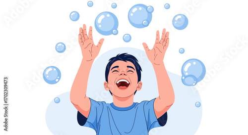 Joyful Child's Celebration With Blowing Bubbles And Bright, Colorful Fun