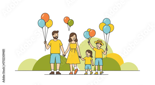 Joyful Family Illustration: Celebrating Together with Balloons During a Sunny Day