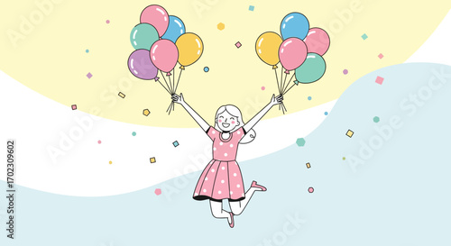 Joyful Girl Celebrating With Balloons in a Cheerful And Colorful Scene