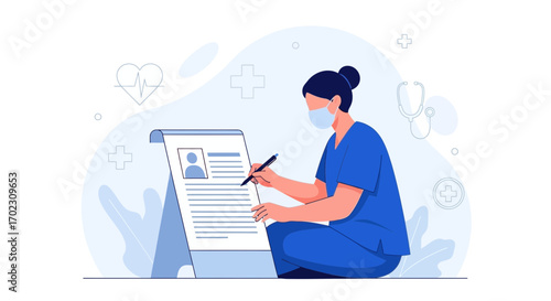 Medical worker completing patient information vector illustration, healthcare concept art