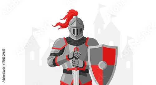 Medieval Knight Illustration with Sword and Shield on a White Background